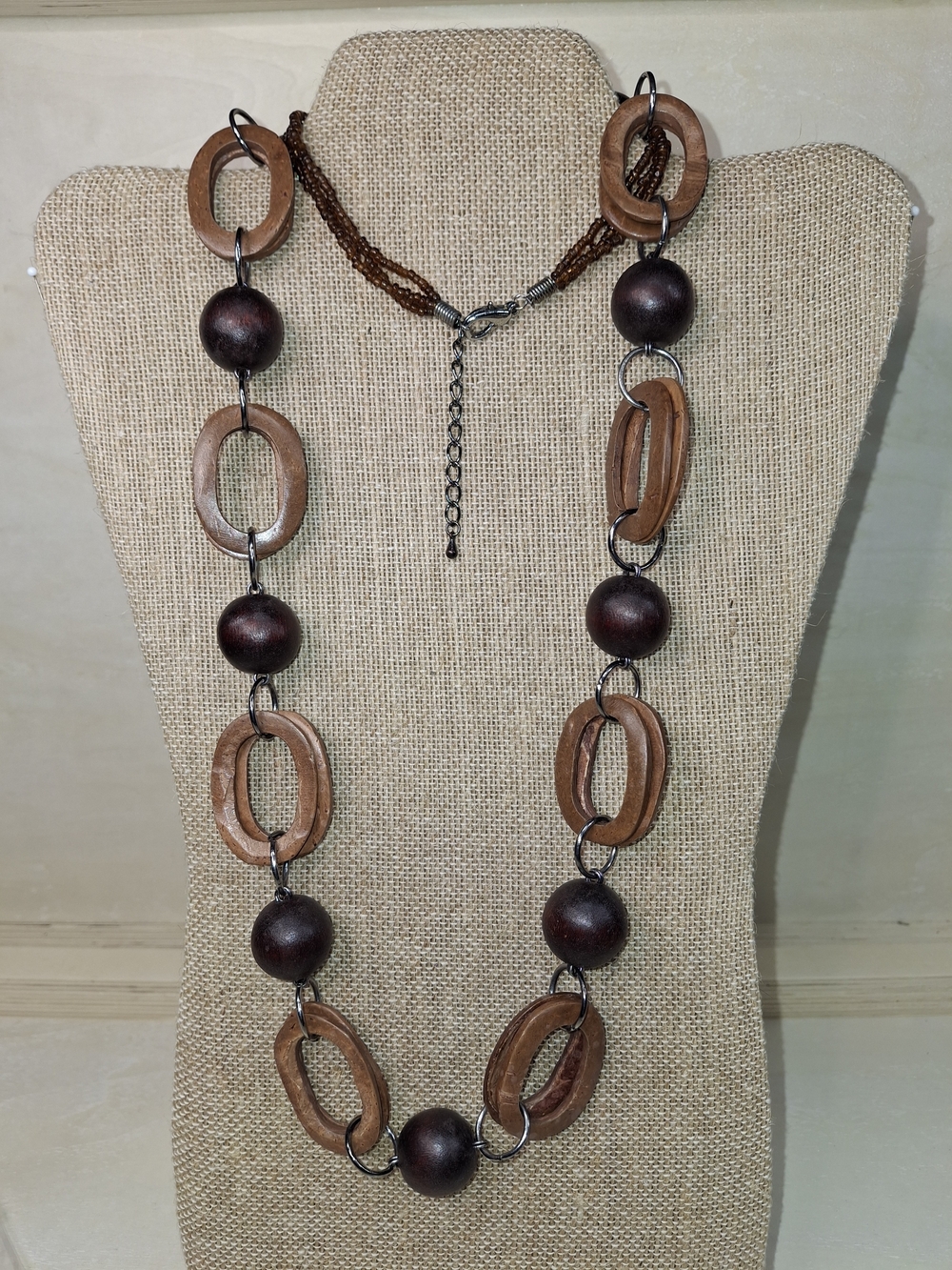 Handmade Wooden Link Necklace with Dark Brown Beads - Unbranded